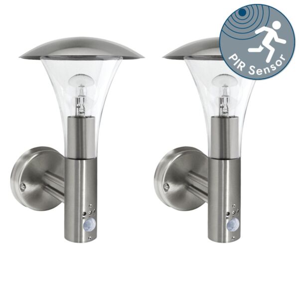 Set of 2 Halo - Brushed Stainless Steel Outdoor IP44 Motion Sensor Activated Wall Lights