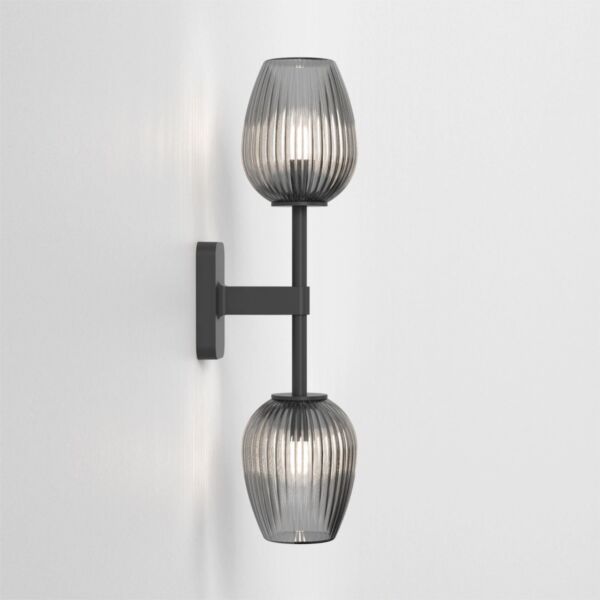 Astro Lighting - Tacoma Twin 1429005 & 5036008 - IP44 Matt Black Wall Light with Smoked Ribbed Tulip Glass Shades