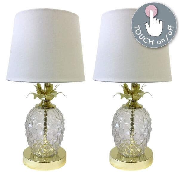 Pair of Gold Pineapple Touch Lamps with White Shades