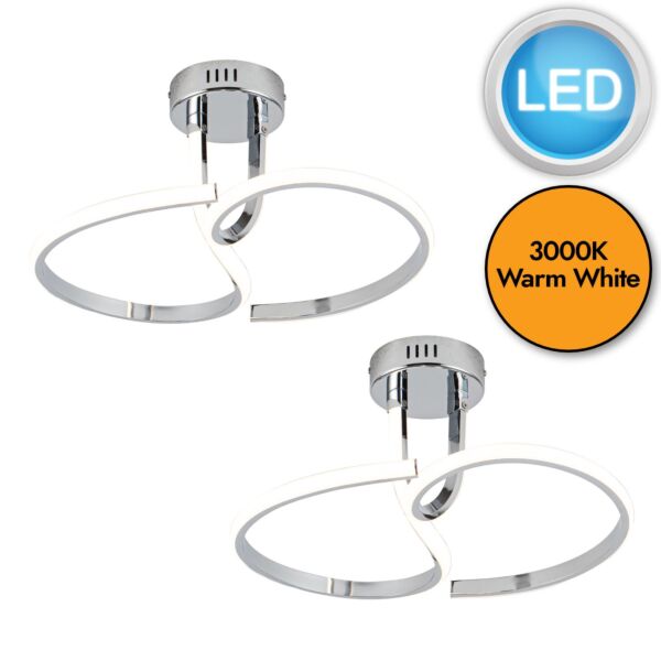 Set of 2 Polished Chrome LED Curve Flush Ceiling Lights