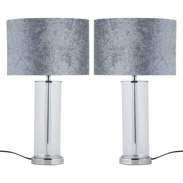 Set of 2 Aura - Chrome Table Lamps with Grey Crushed Velvet Shades