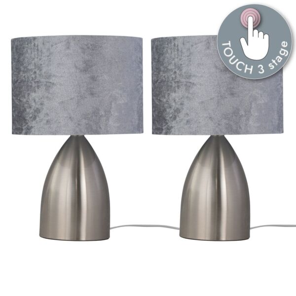 Set of 2 Valentina - Brushed Chrome Touch Lamps with Grey Crushed Velvet Shades