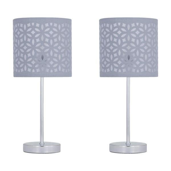 Set of 2 Chrome Stick Table Lamps with Grey Laser Cut Shades