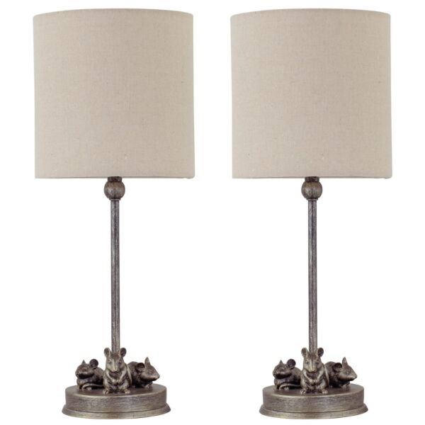 Set of 2 Maurice - Antique Gold Mouse Table Lamps With Oatmeal Linen Shade