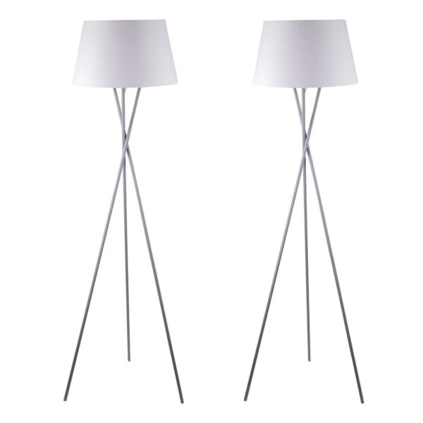 Pair Grey Tripod Floor Lamp with White Fabric Shade