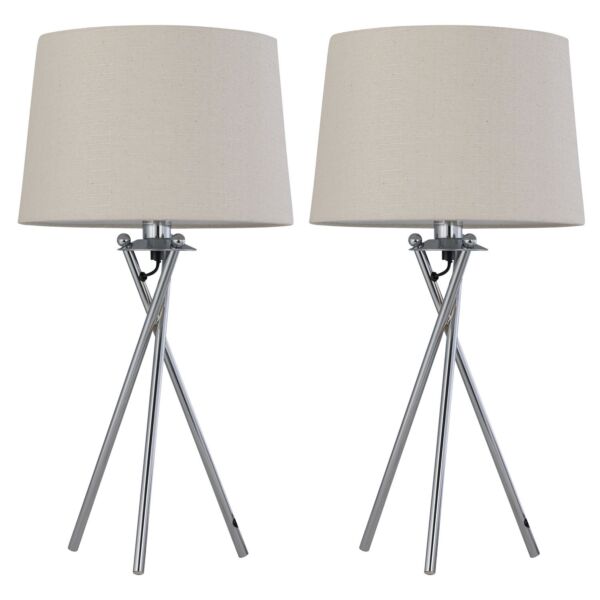 Set of 2 Tripod - Chrome Lamps with Natural Linen Shade