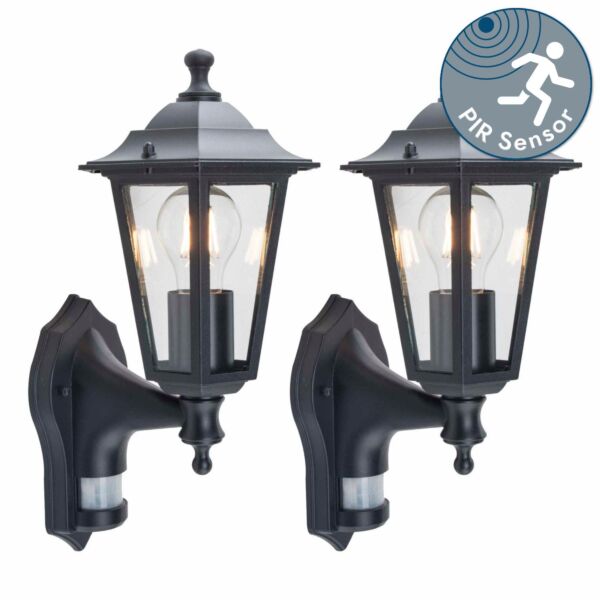 Set of 2 Eversham - Black Six Sided Lantern Motion Sensor Outdoor Lights