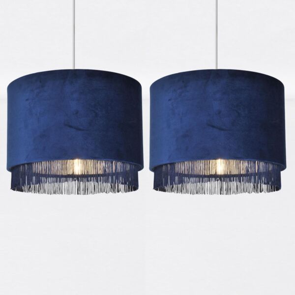 Set of 2 Navy Velvet With Chrome Inner Tassled Light Shades