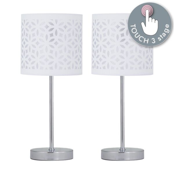 Set of 2 Chrome Touch Operated Table Lamps with White Cut Out Shades