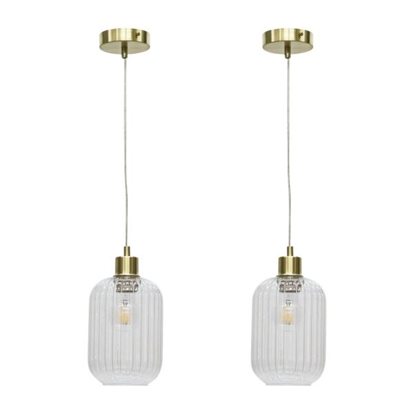 Set of 2 Batley - Clear Ribbed Glass with Satin Brass Pendant Fittings