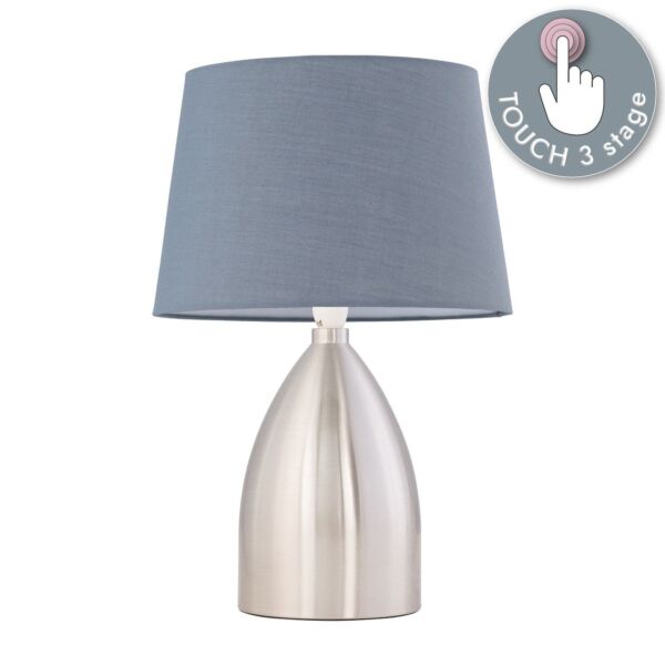 Valentina - Brushed Chrome Touch Lamp with Grey Cotton Shade