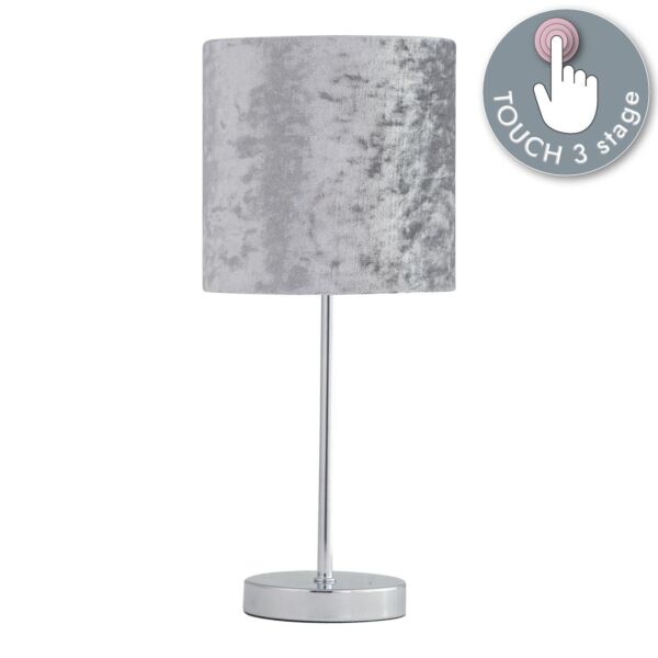 Chrome Touch Operated Table Lamp with Grey Crushed Velvet Shade