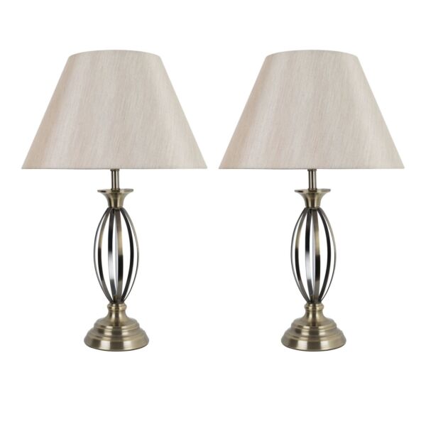 Set of 2 Cigar - Antique Brass 55cm Table Lamps with Off White Fabric Shades