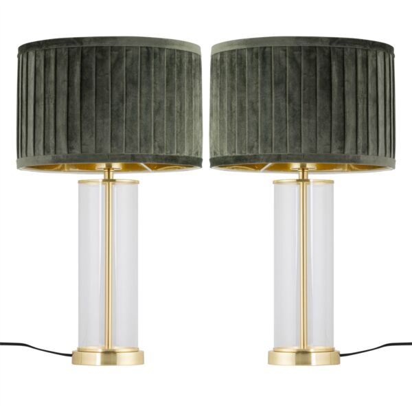 Set of 2 Aura - Satin Brass Lamps with Green Pleated Velvet Shades