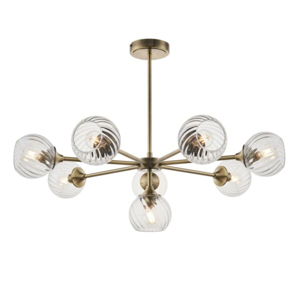 Endon Lighting - Allegra - 103172 - Antique Brass Clear Spiral Glass 8 Light Ceiling Pendant Light