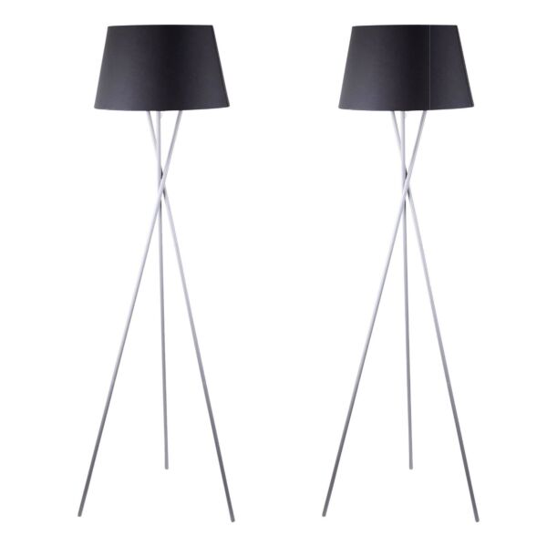 Pair Grey Tripod Floor Lamp with Black Fabric Shade