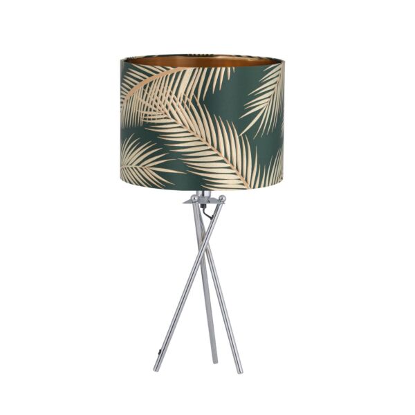 Tropica - Chrome Tripod Table Lamp with Dark Green and Gold Leaf Embossed Shade