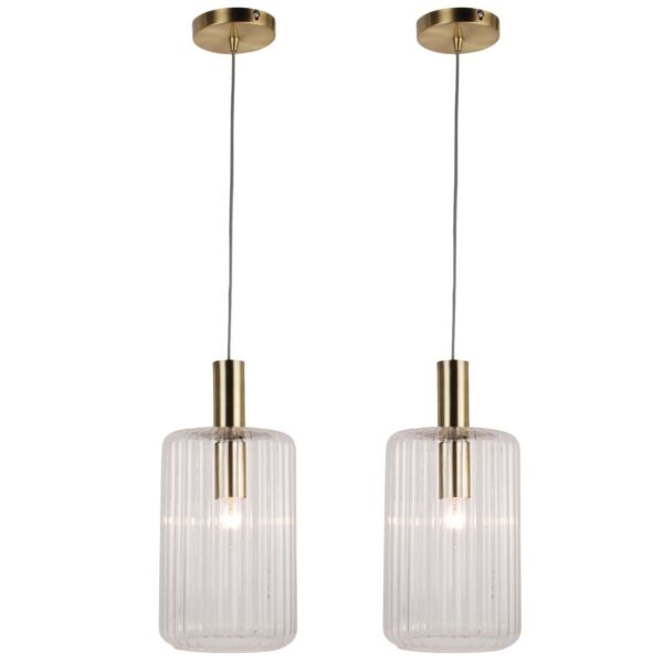 Set of 2 Fluted Glass Design Pendant Fitting Finished with Clear Glass and Bronze Effect Colour