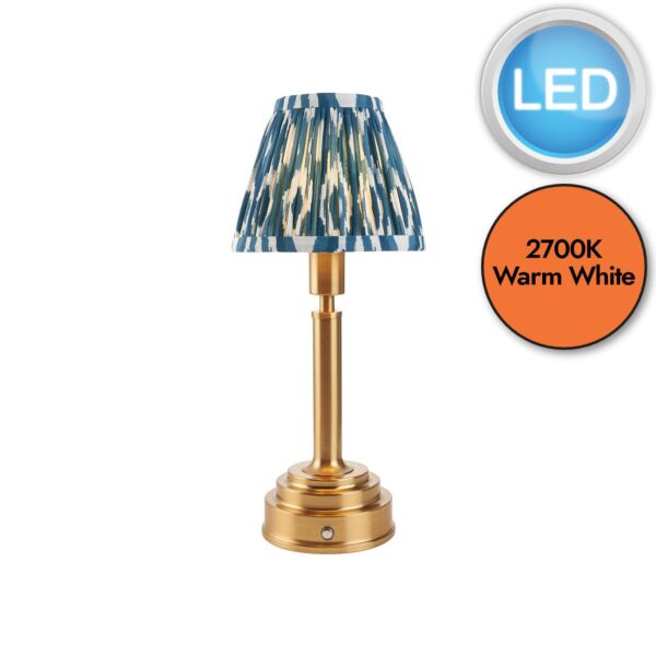 Endon Lighting - Upton Rechargeable & Ikat 16cm - 114886 - LED Aged Brass Blue Touch Table Lamp With Shade