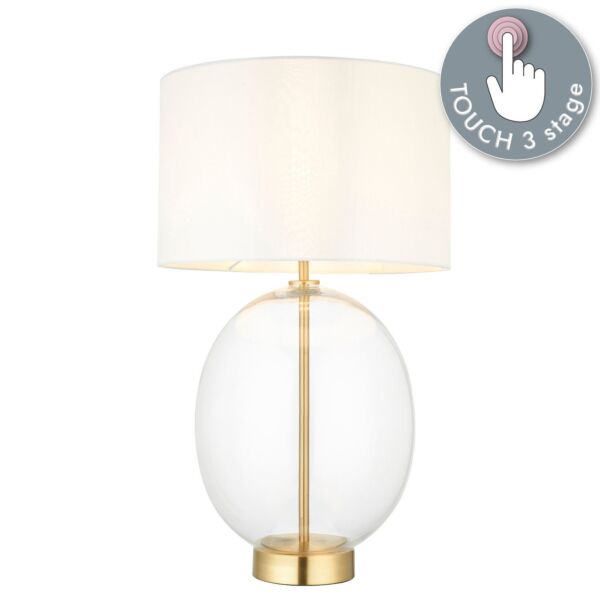 Burns - Satin Brass Clear Glass Vintage White Touch Table Lamp With Shade