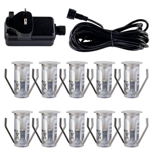 Set of 10 - 15mm Stainless Steel IP67 Cool White LED Plinth Decking Kit