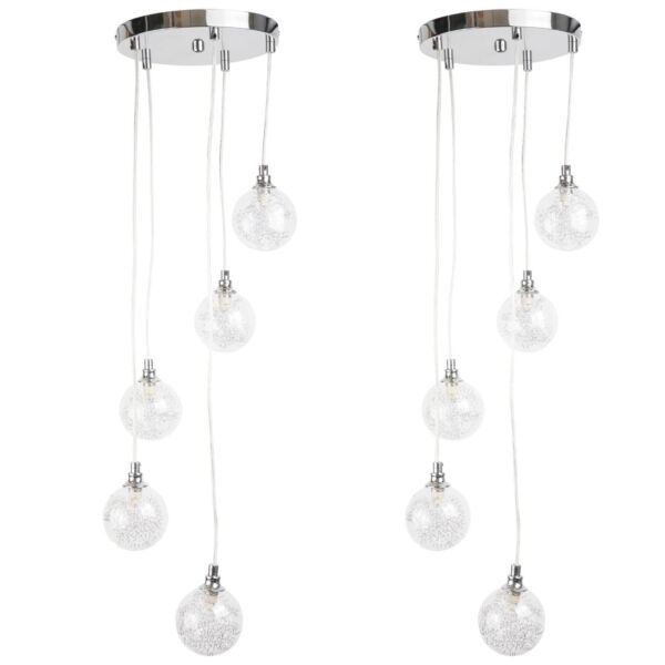 Pair of Chrome 5 Light Cluster Fitting with Glass Globe Shades