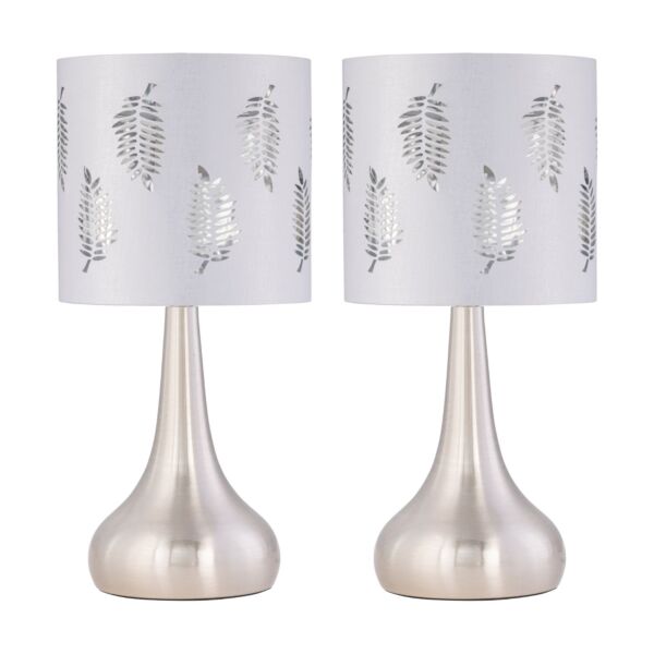 Set of 2 Romana - Brushed Chrome Touch Lamps with White Fern Shades