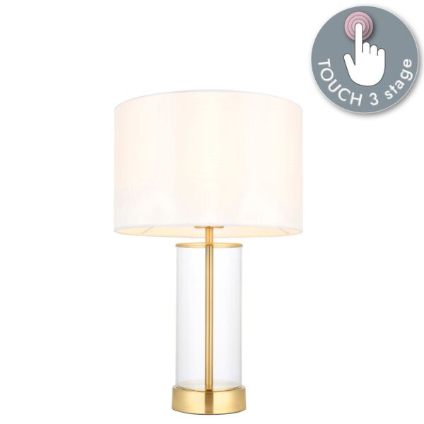 Endon Lighting - Lessina - 98810 - Satin Brass Clear Glass Vintage White Touch Table Lamp With Shade