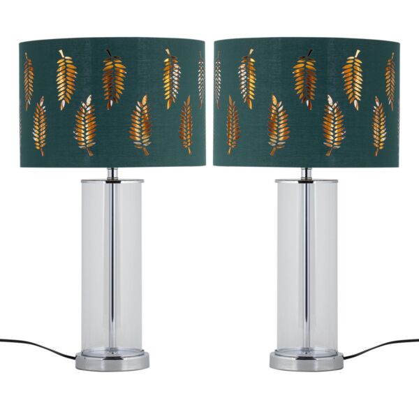 Set of 2 Aura - Chrome Table Lamps with Green Fern Cut Out Shades