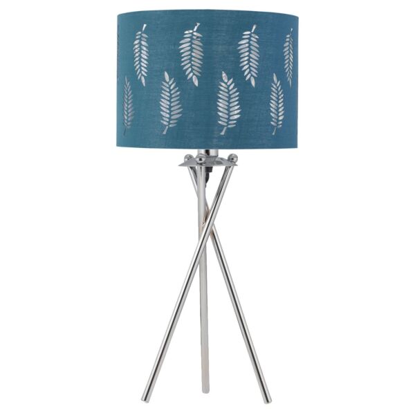 Chrome Tripod Table Lamp with Teal Fern Cut Out Shade