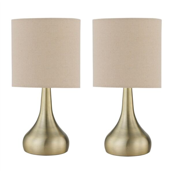 Set of 2 Romana - Antique Brass Touch Table Lamp with Linen Shades