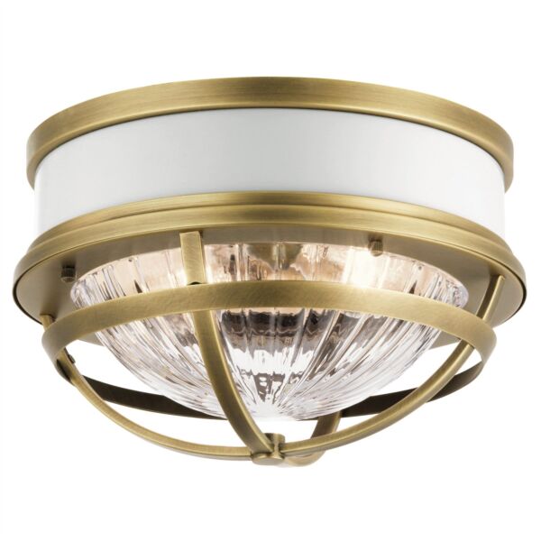 Quintiesse - Tollis - QN-TOLLIS-F-NBR - Natural Brass White Clear Ribbed Glass 2 Light Flush Ceiling Light