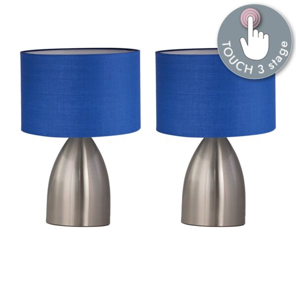 Set of 2 Valentina - Brushed Chrome Touch Lamps with Navy Blue Shades