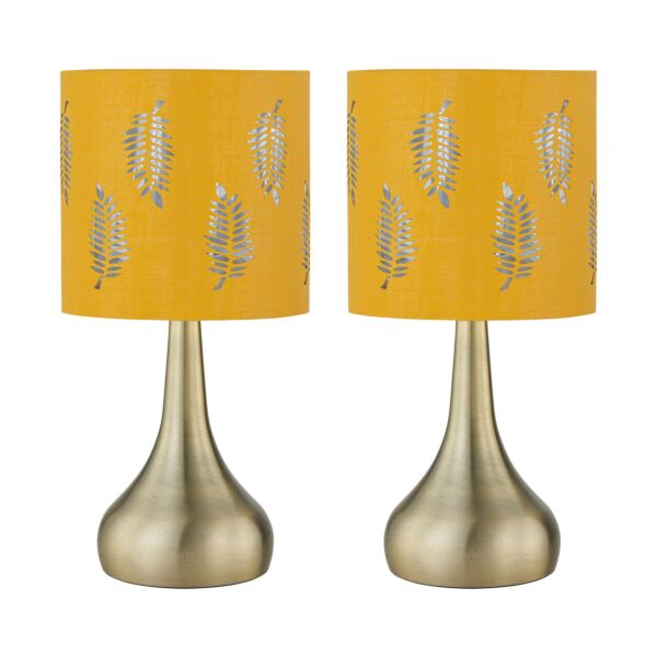 Set of 2 Romana - Antique Brass Touch Table Lamps Ochre Fern Shade