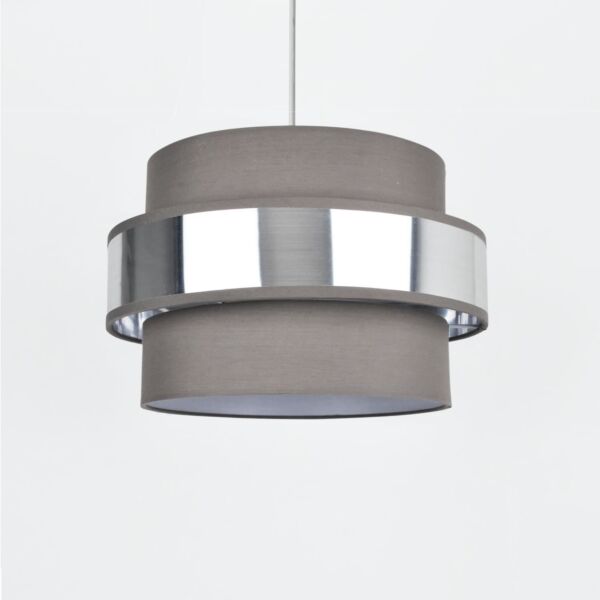 Easy Fit 2 Tier Grey Fabric & Brushed Silver Plated Banded Ceiling Shade