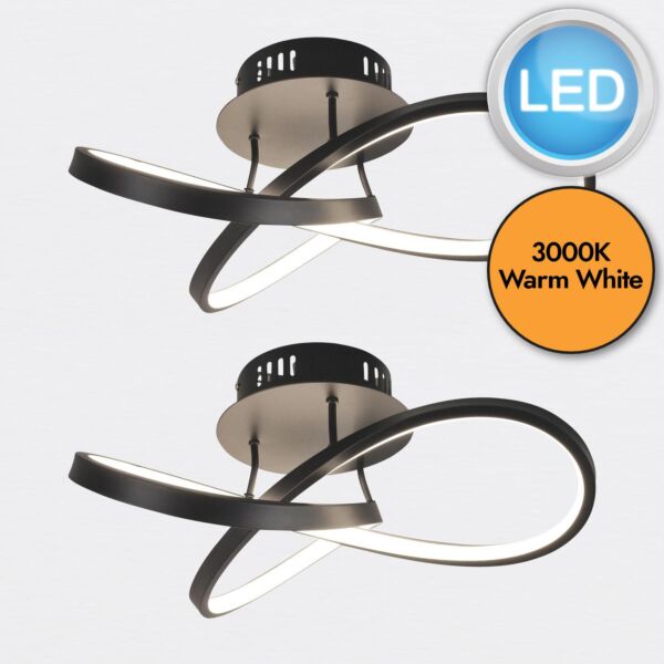 Set of 2 Matt Black LED Loop Ceiling Lights