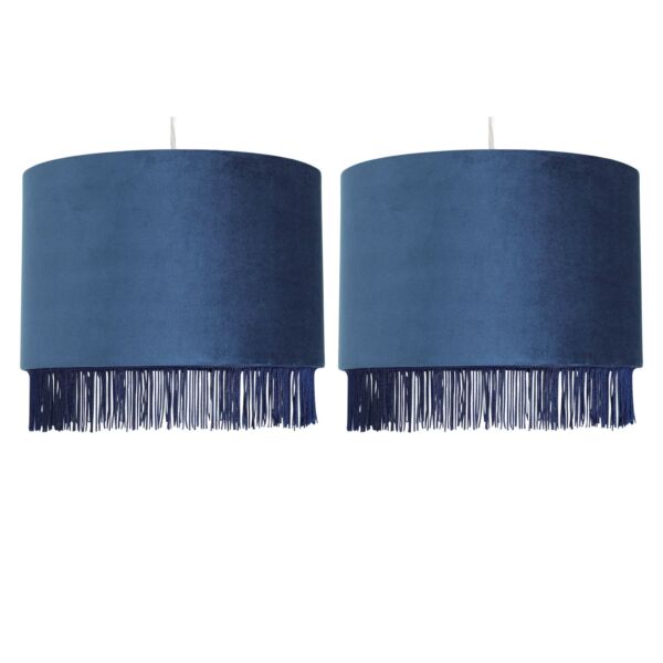 Set of 2 Fringed - Navy Blue 23cm Fringed Velvet Pendant Shades