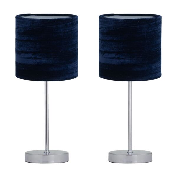 Set of 2 Chrome Stick Table Lamps with Navy Blue Crushed Velvet Shades