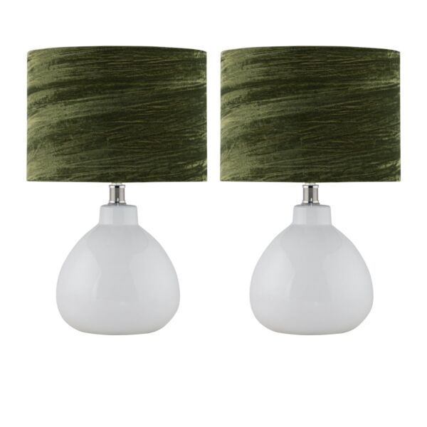 Set of 2 Tuscan - White Ceramic Lamps with Dark Green Crushed Velvet Shade