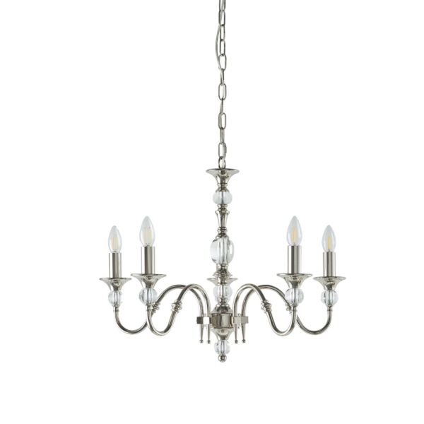 Interiors 1900 - Polina - LX124P5N - Nickel Clear Crystal Glass 5 Light Chandelier