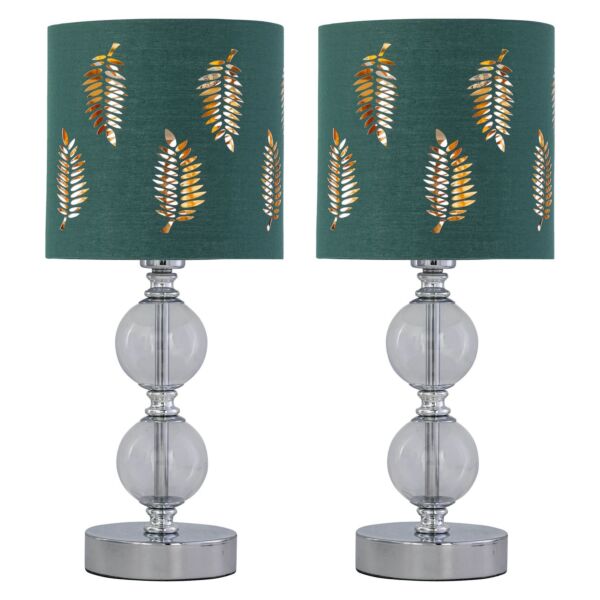 Set of 2 Chrome Two Ball Table Lamps with Dark Green Fern Shades