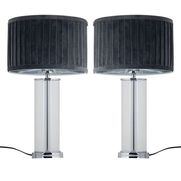 Set of 2 Aura - Chrome Table Lamps with Grey Pleated Velvet Shades