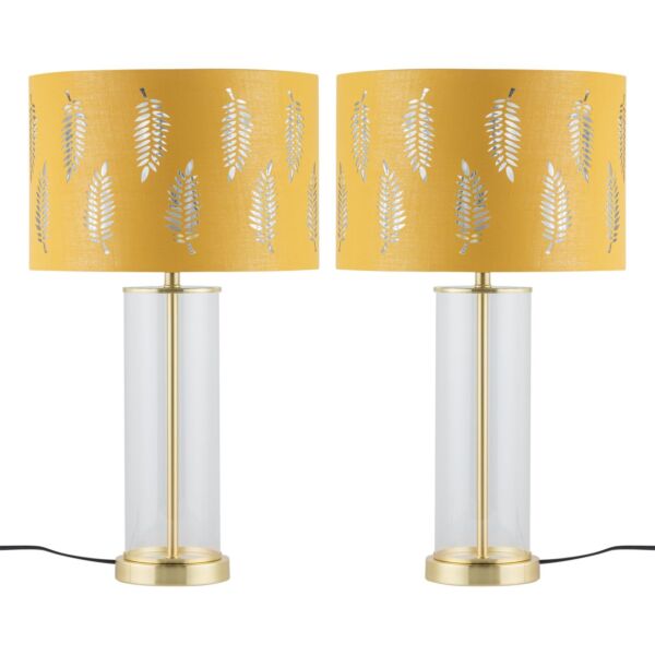 Set of 2 Aura - Satin Brass Lamps with Ochre Fern Cut Out Shades