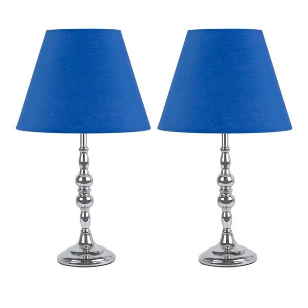 Set of 2 Chrome Table Lamps with Decorative Stem and Royal Blue Shades