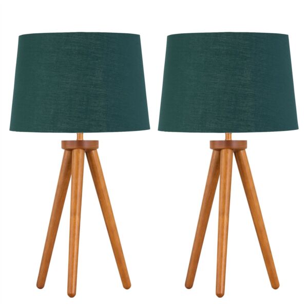 Set of 2 Dark Oak Table Lamp or Bedside Lights with Green Gold Shades