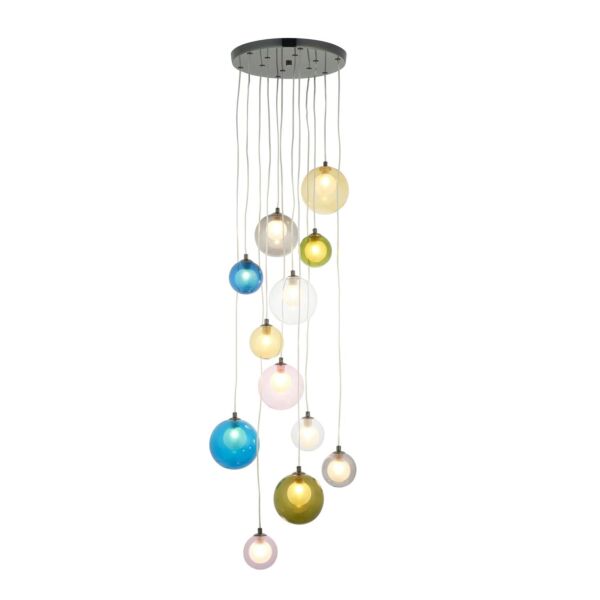 Courtney - Black Chrome Multi Coloured Glass 12 Light Ceiling Pendant Light