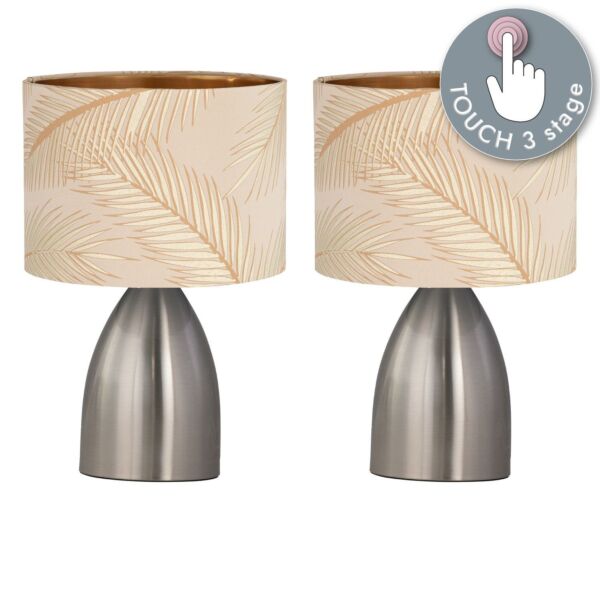 Set of 2 Valentina - Brushed Chrome Touch Lamps with Champagne Embossed Shades