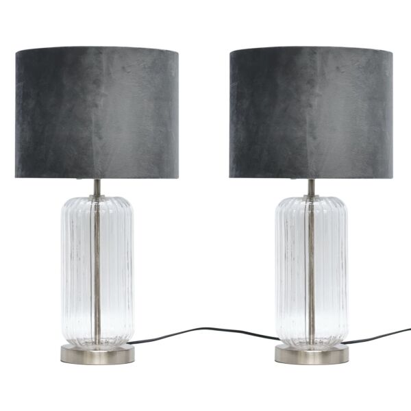 Set of 2 Walpole - Clear Fluted Glass and Brushed Chrome 49cm Table Lamps with Grey Velvet Shade