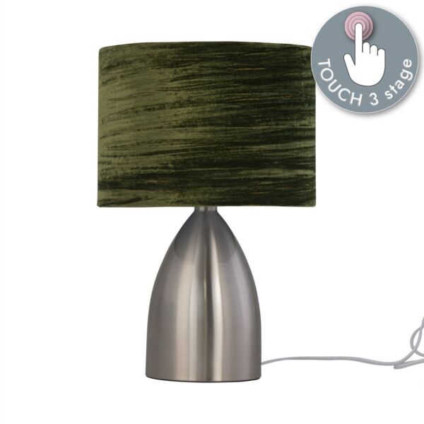 Valentina - Brushed Chrome Touch Lamp with Dark Green Crushed Velvet Shade