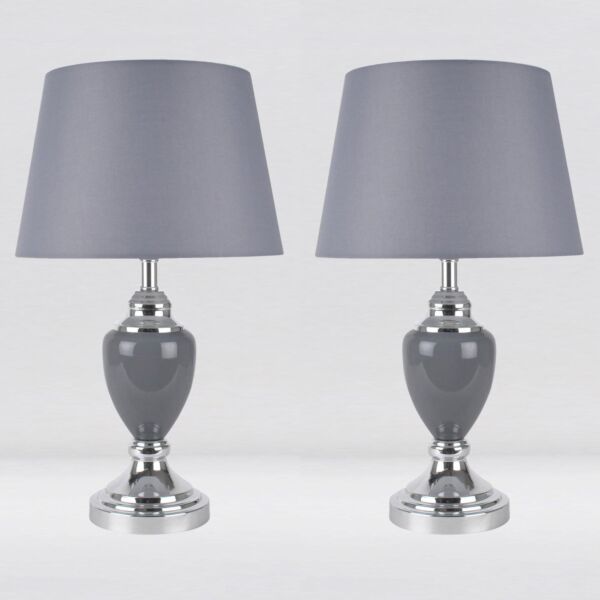 Set of 2 Chrome and Grey Urn Table Lamps with Grey Shades